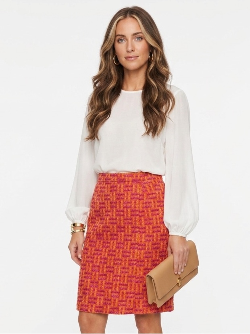 90s OSCAR DE LA RENTA tweed pencil skirt orange fuschia pink